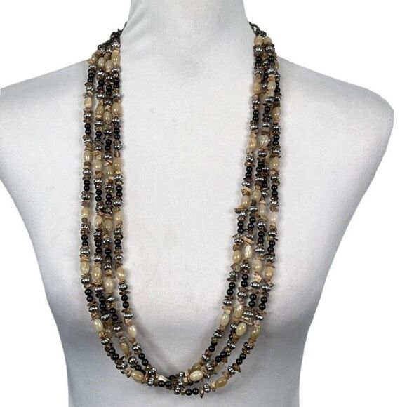 Beaded 4 Strand Chain Necklace Hook 27" Long Extend 11" Brown Tan Chip Round - Picture 8 of 9